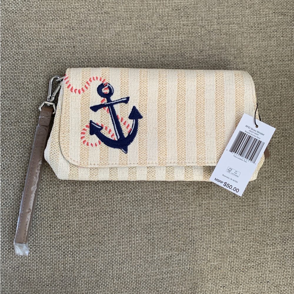 Vera Bradley Straw Wristlet Wallet Regatta Anchor Navy Beige Cream Vacation